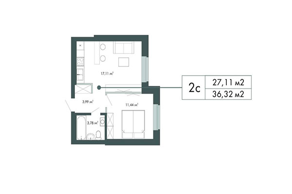 1-комнатная квартира 36,32 м² в ЖК Грибоедов. Планировка