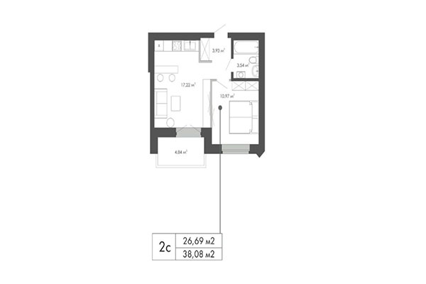 1-комнатная квартира 38,08 м² в ЖК Грибоедов. Планировка