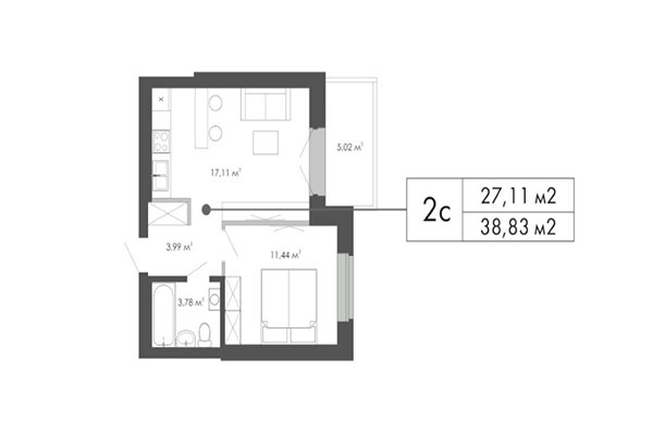 1-комнатная квартира 38,83 м² в ЖК Грибоедов. Планировка
