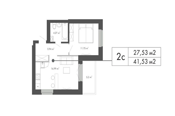 2-комнатная квартира 41,53 м² в ЖК Грибоедов. Планировка