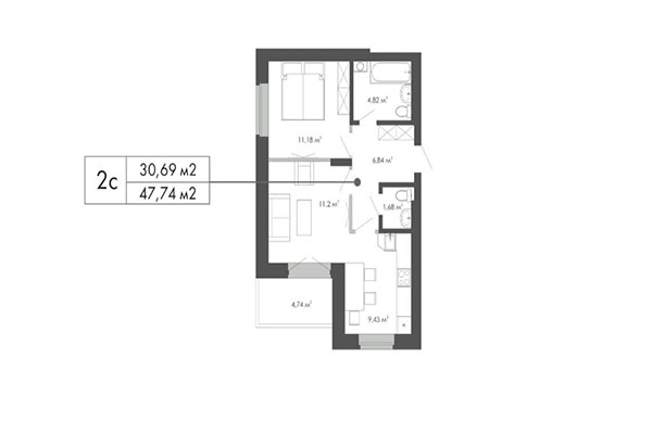 2-комнатная квартира 47,74 м² в ЖК Грибоедов. Планировка