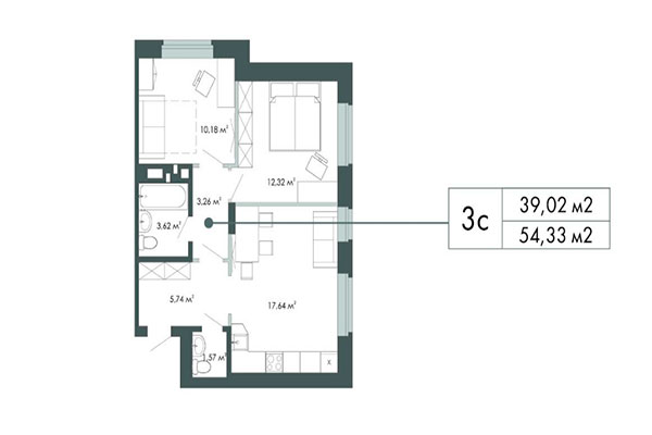 3-комнатная квартира 54,33 м² в ЖК Грибоедов. Планировка