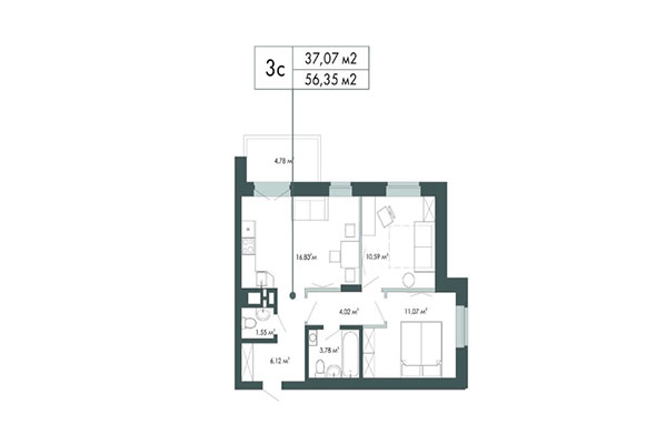 3-комнатная квартира 56,35 м² в ЖК Грибоедов. Планировка