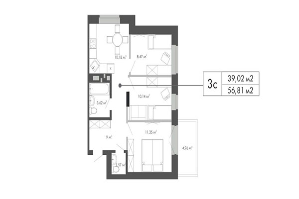 3-комнатная квартира 56,81 м² в ЖК Грибоедов. Планировка