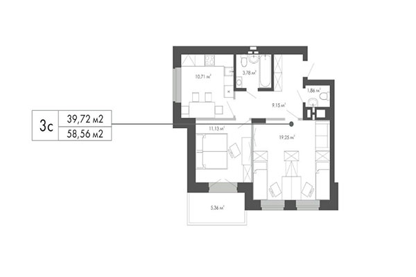 3-комнатная квартира 58,56 м² в ЖК Грибоедов. Планировка