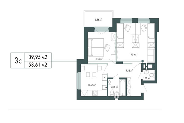 3-комнатная квартира 58,61 м² в ЖК Грибоедов. Планировка