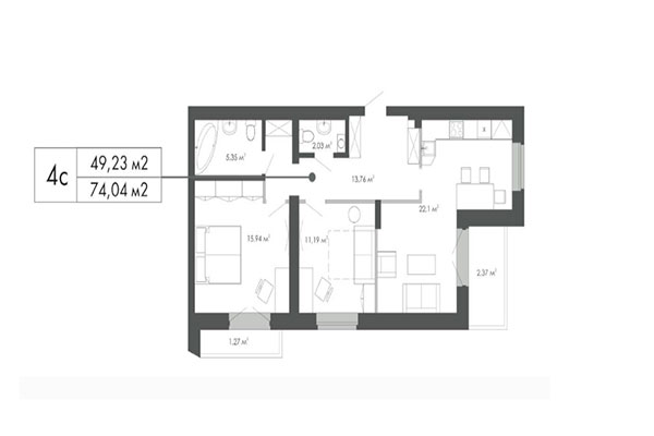 4-комнатная квартира 74,04 м² в ЖК Грибоедов. Планировка